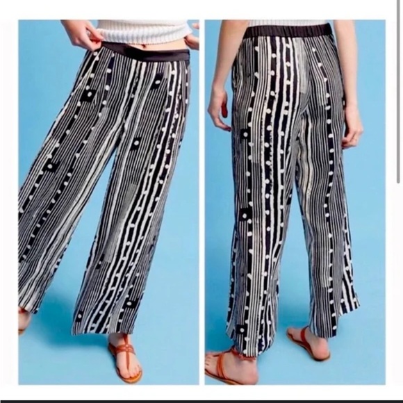 Anthropologie Elevenses Black & White Print Satin Wide Leg Pant Sz M - Picture 1 of 5